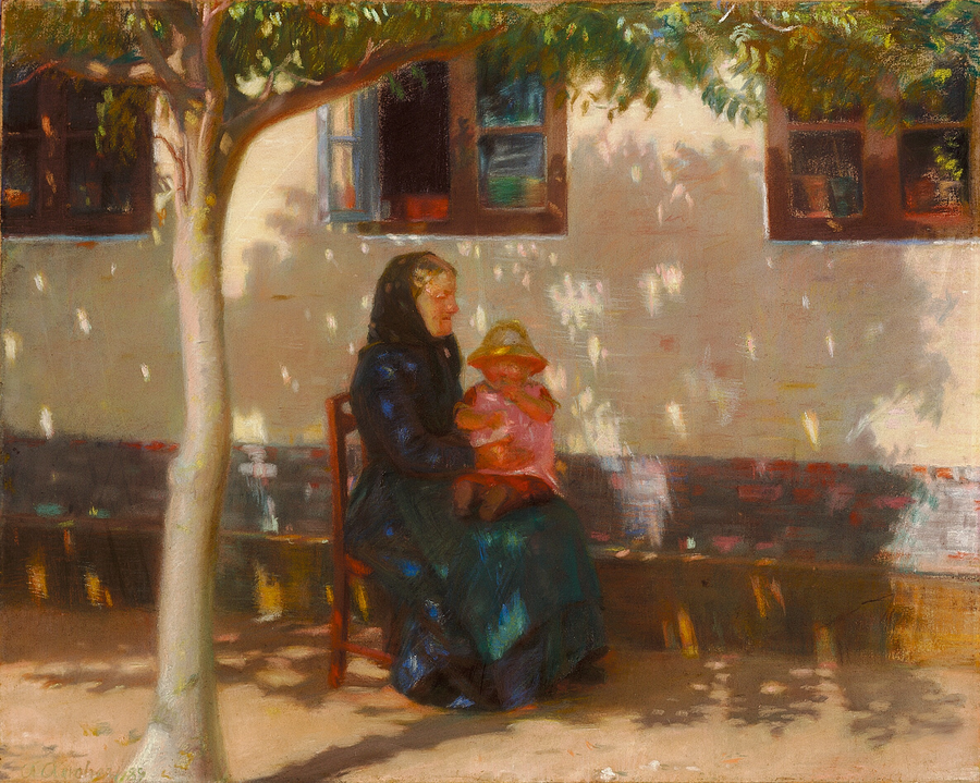 A woman from Skagen sits with baby Helga Ancher in front of a white house. - Anna Ancher