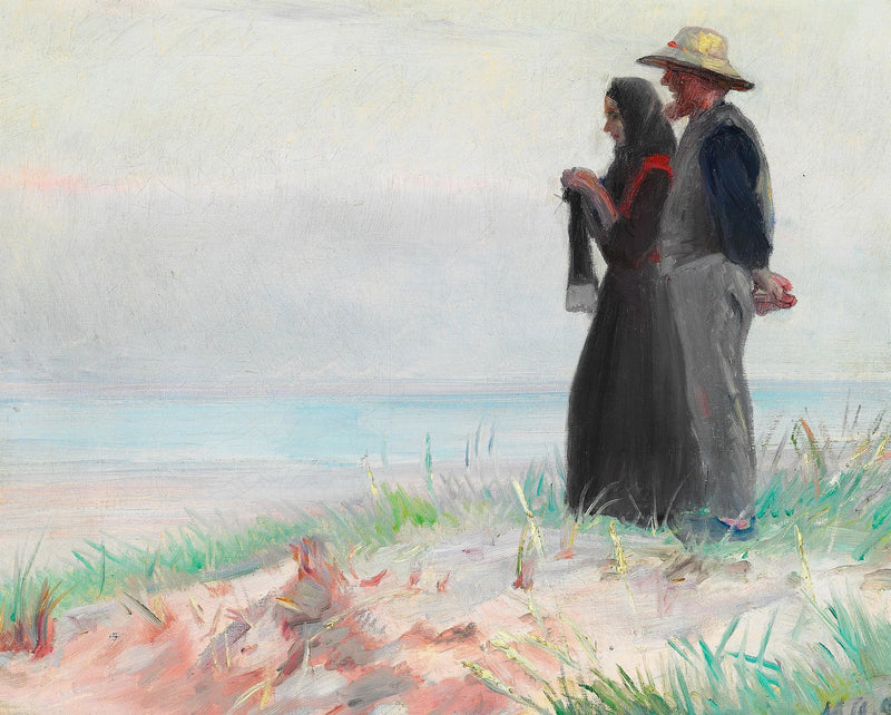 A woman from Skagen, knitting, and her husband on the beach. - Michael Peter Ancher