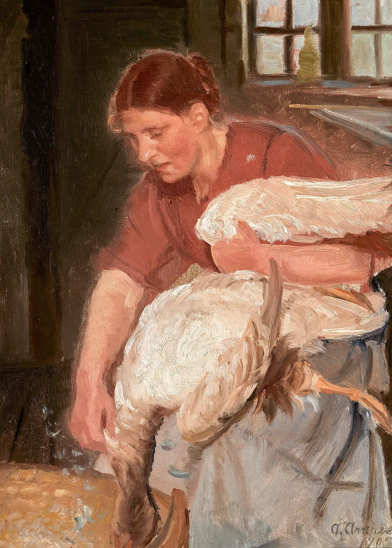 A woman from Skagen plucks a goose. - Anna Ancher