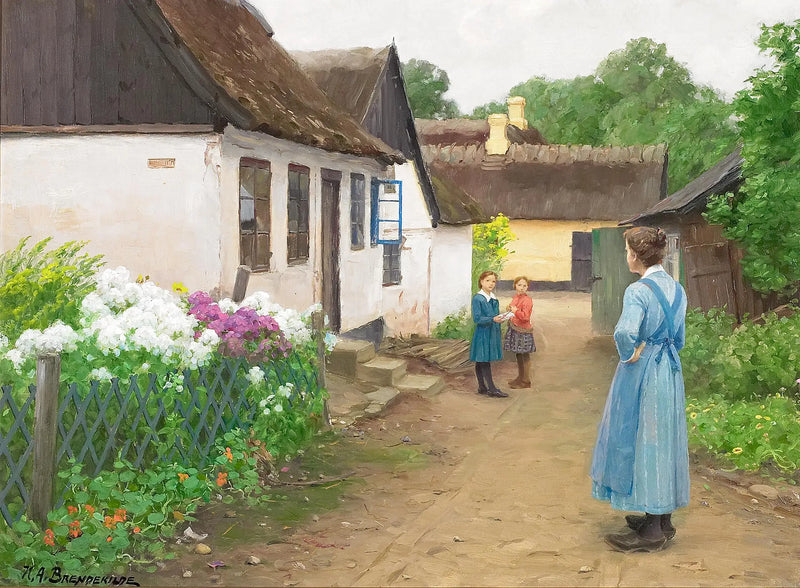 A woman and some children in a small street of a village. - H. A. Brendekilde