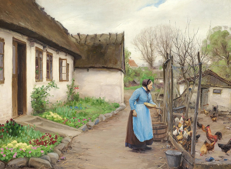 A woman feeding chickens in front of a white and limestone farm on an autumn day. - H. A. Brendekilde