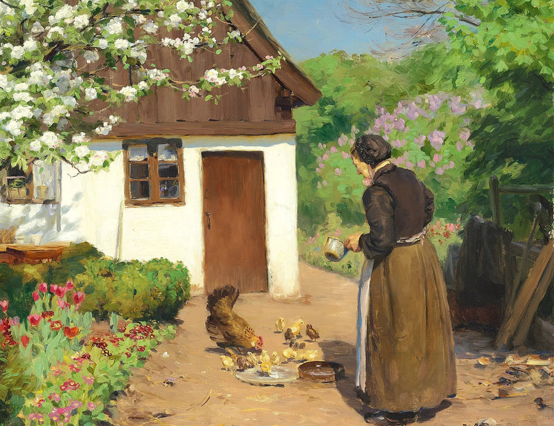 A woman feeding chickens in front of a white and limestone farm on a summer day. - H. A. Brendekilde