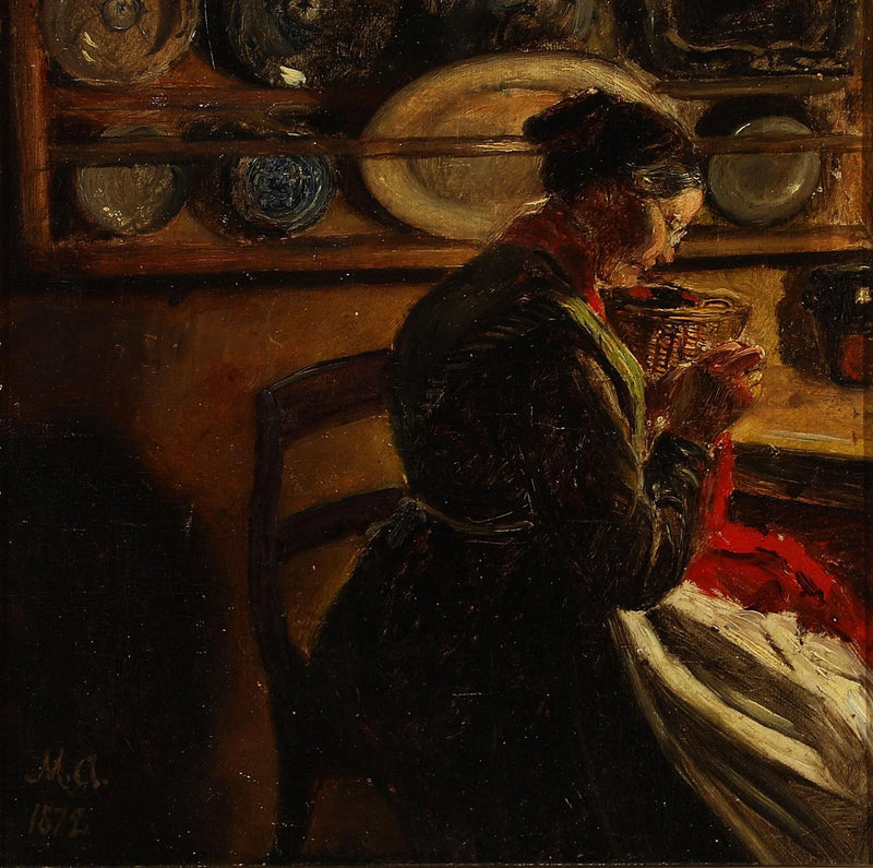 A woman knitting in a kitchen. - Michael Peter Ancher
