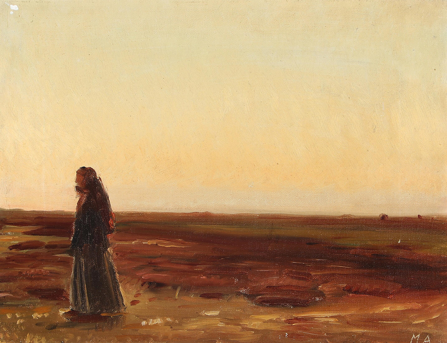 A woman returning home to the moor at sunset. - Michael Peter Ancher