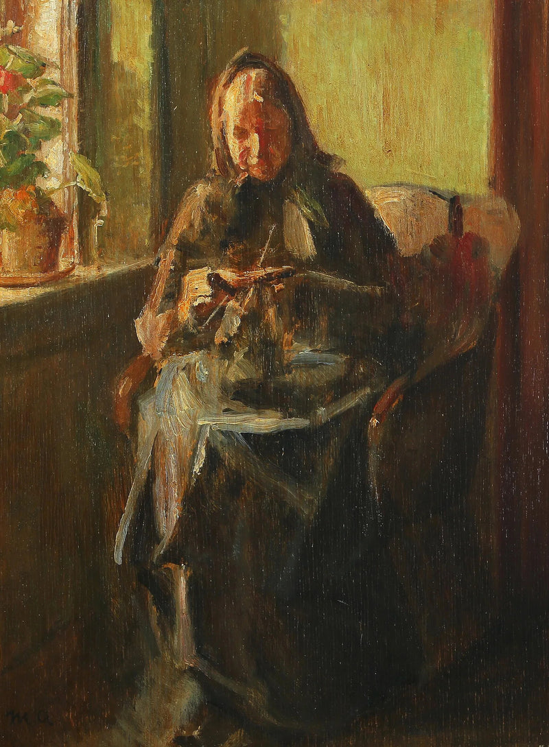 A woman knits in a sunlit room. - Michael Peter Ancher