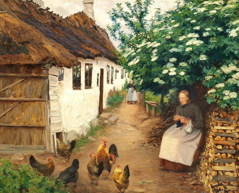 A woman knitting near an old house. - H. A. Brendekilde