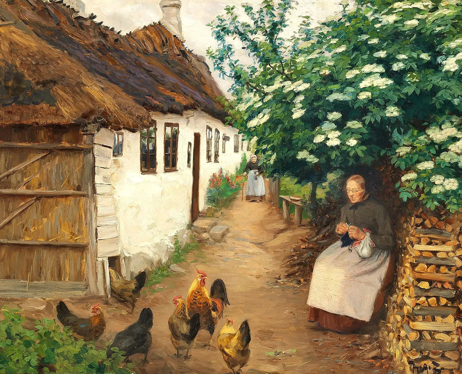 A woman knitting near an old house. - H. A. Brendekilde