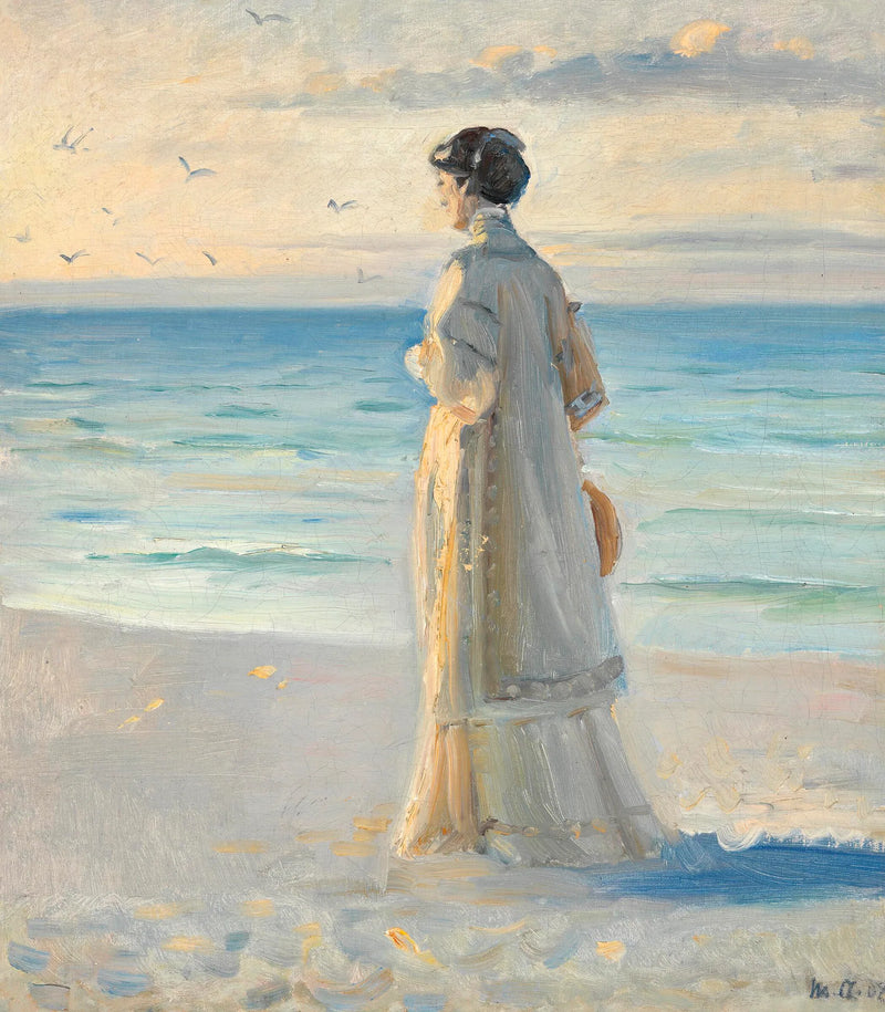 A woman wearing a long, light summer dress gazes at the sea on Skagen beach. - Michael Peter Ancher