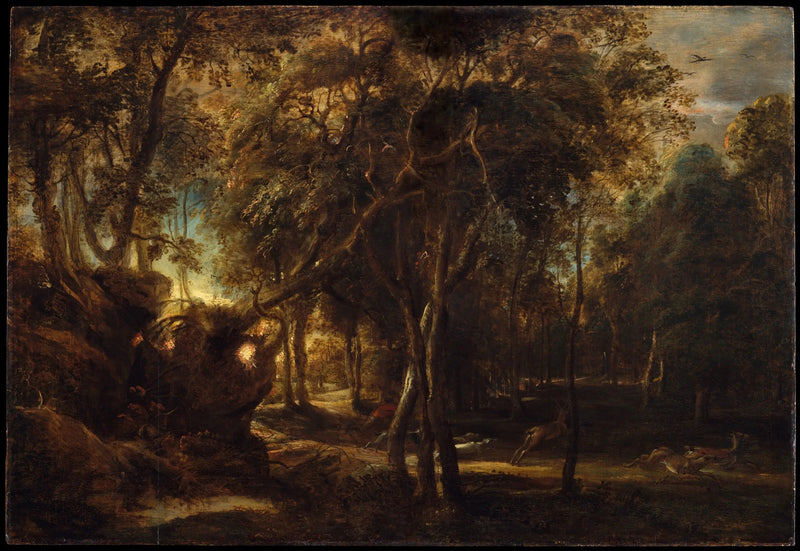 A forest at dawn with a stag hunt - Peter Paul Rubens