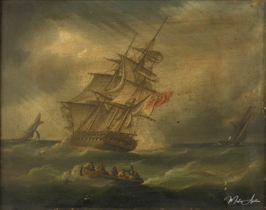 Une frégate et un cotre naval pourchassant un cotre français, avec un bateau récupérant un homme à la mer - James E. Buttersworth - Reproductions de tableaux et peintures haut de gamme