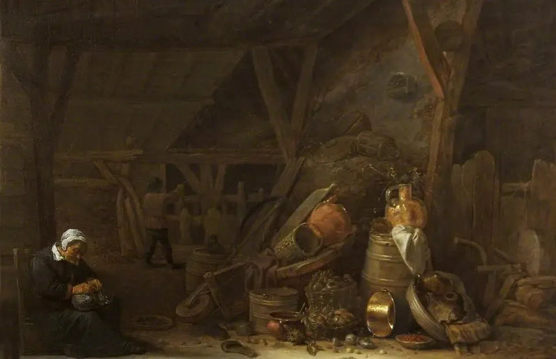 A barn with a still life of kitchen utensils and a sleeping cook - David Teniers the Younger