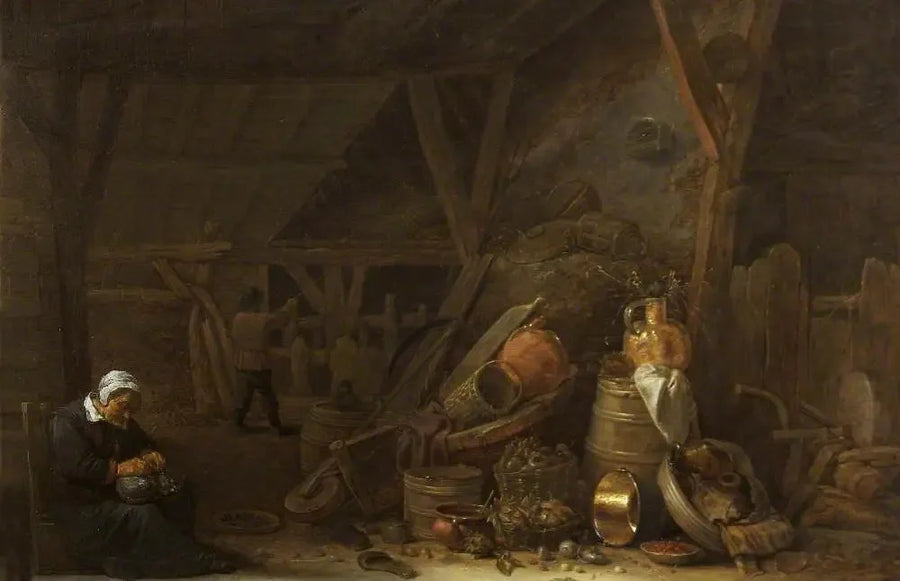 A barn with a still life of kitchen utensils and a sleeping cook - David Teniers the Younger