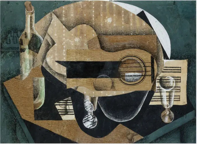 A guitar, glasses, and a bottle - Juan Gris