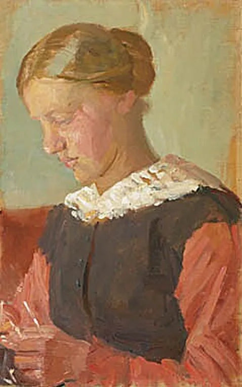 A young woman sits with her hair up. - Anna Ancher
