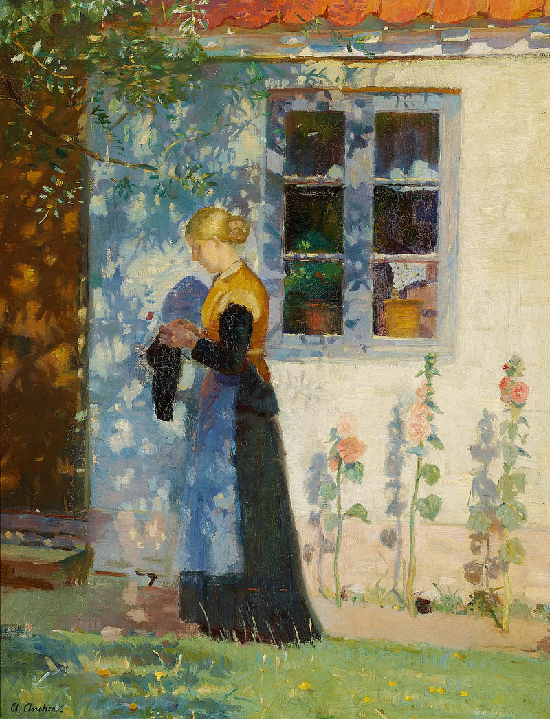 A young woman standing in front of a house in Skagen. - Anna Ancher