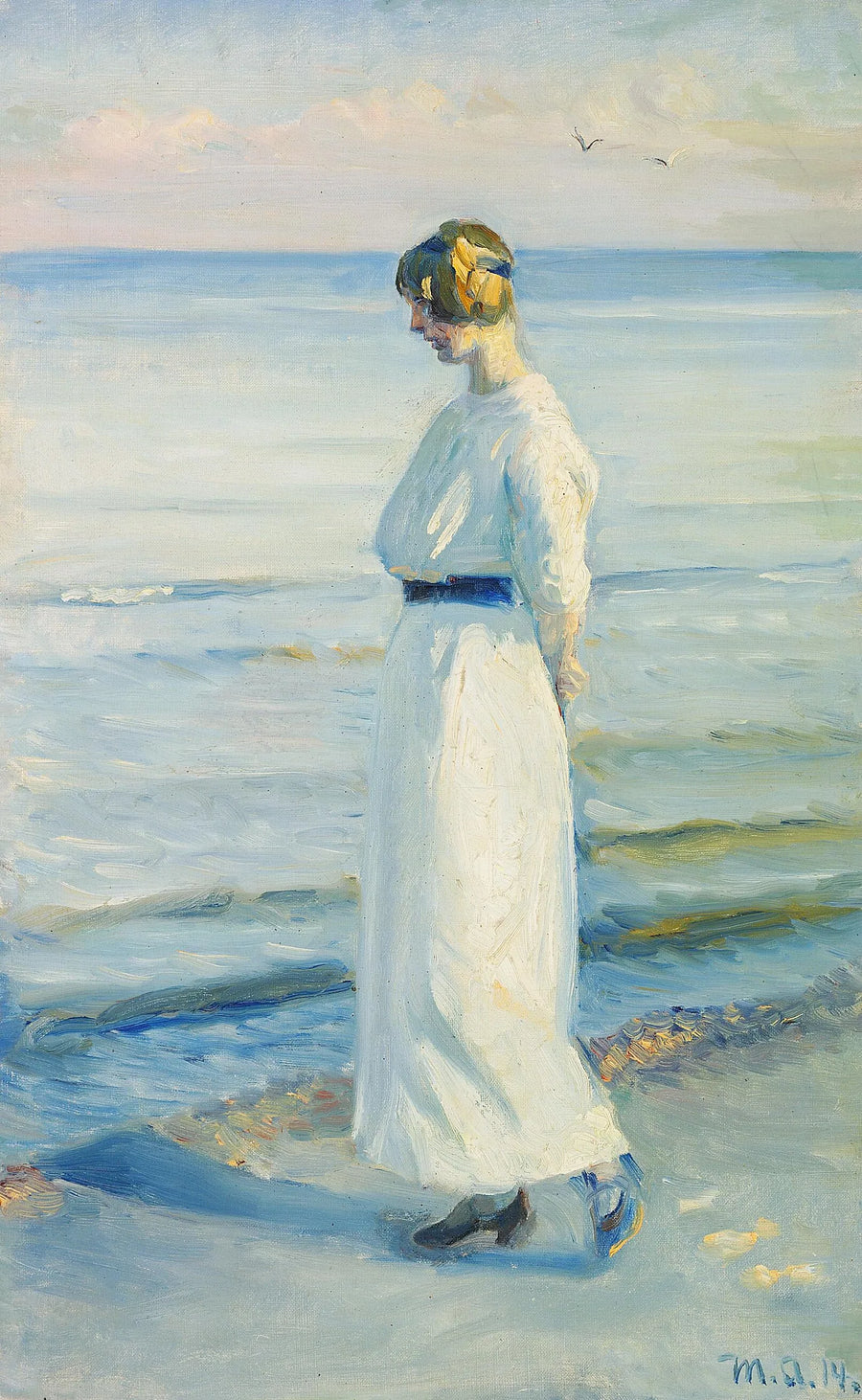 A young woman in a white summer dress on Skagen beach. - Michael Peter Ancher
