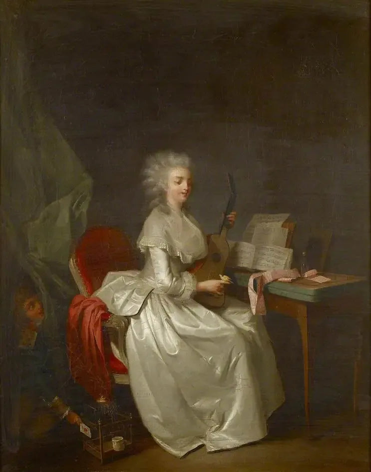 A young woman playing guitar with a singing bird in her hand - Louis-Léopold Boilly