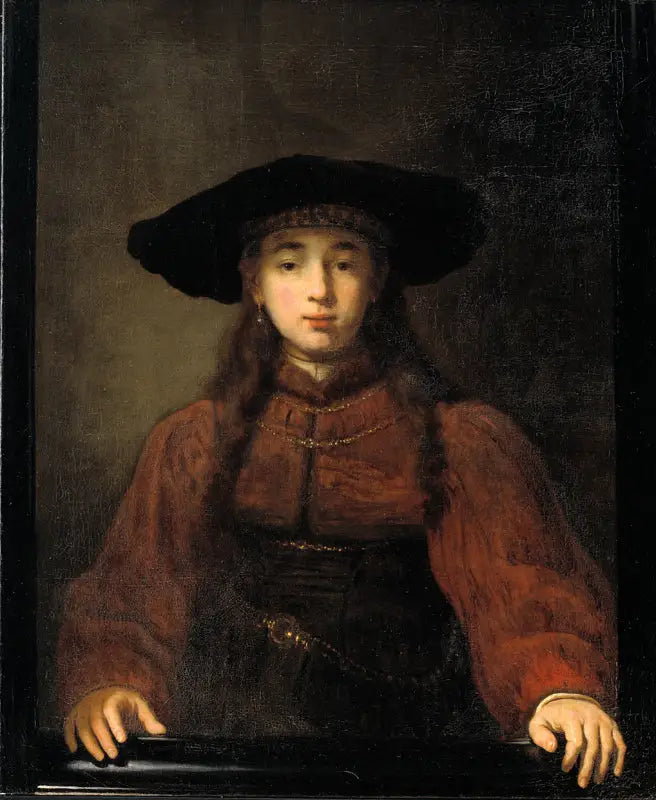 A young woman resting her hands on the picture frame - Rembrandt