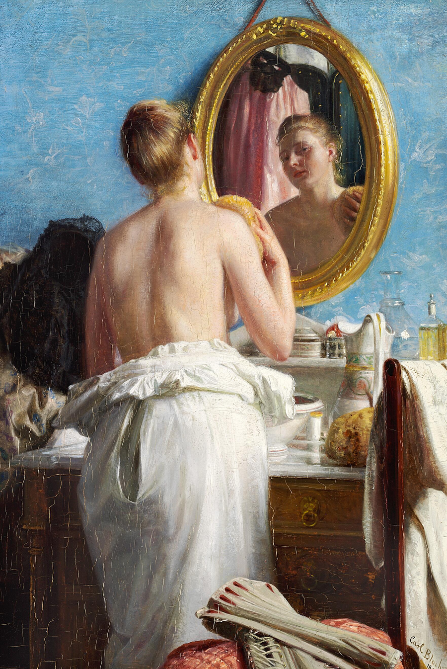 A young woman is washing herself before a carnival. - Carl Heinrich Bloch