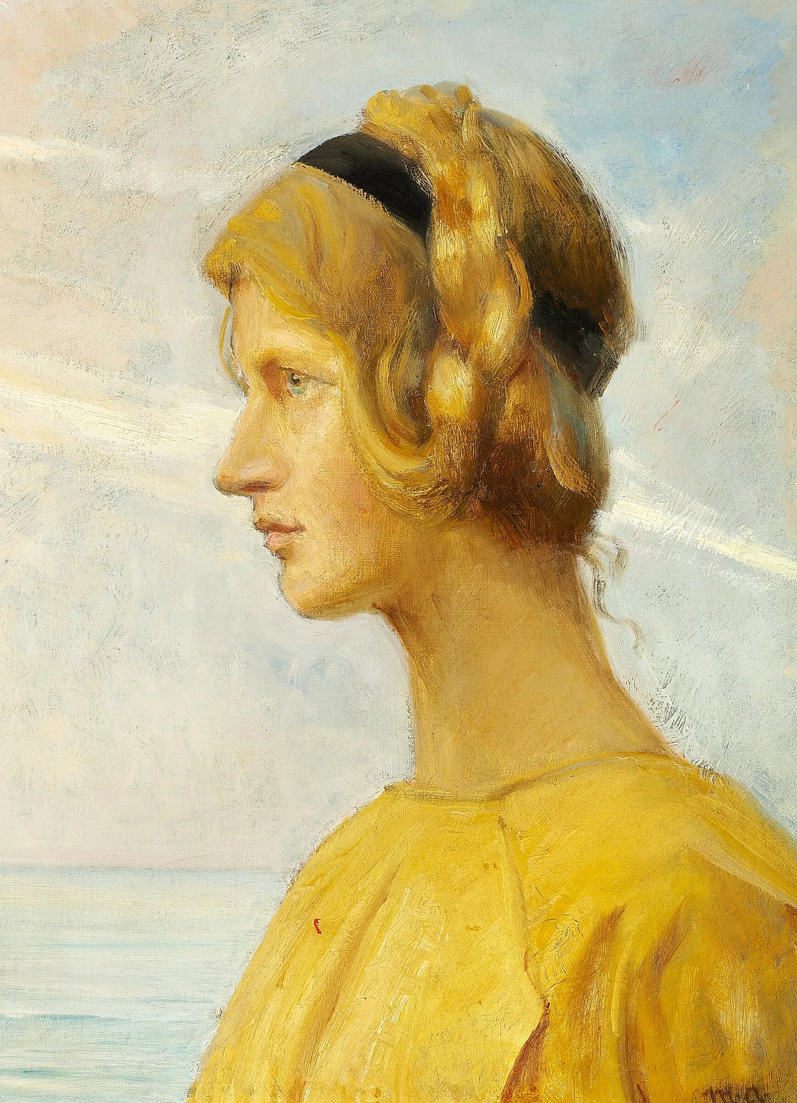 Une jeune fille de Skagen en robe jaune, vue de profil avec la mer en arrière-plan. - Michael Peter Ancher image 1 reproduction de peinture à l’huile