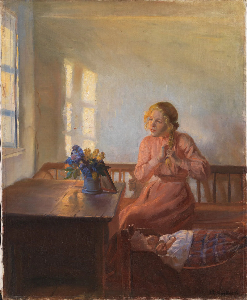 A young girl braids her hair - Anna Ancher