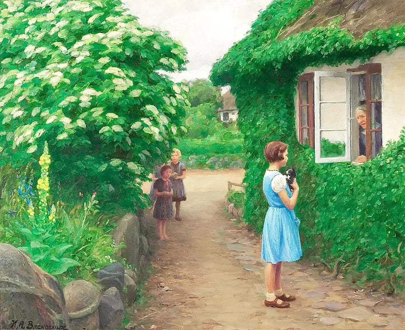 A Summer Day with Children, a Kitten, and an Old Woman at the Window. - H. A. Brendekilde