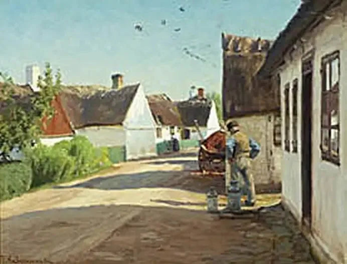 A Summer Day in a Village with a Man Standing Near Some Milk Cans - H. A. Brendekilde