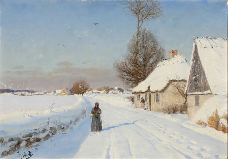 A Winter Day in a Village, Showing People Near Thatched Roof Houses - H. A. Brendekilde
