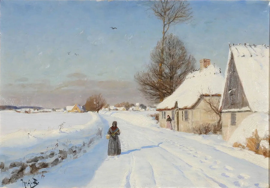 A Winter Day in a Village, Showing People Near Thatched Roof Houses - H. A. Brendekilde