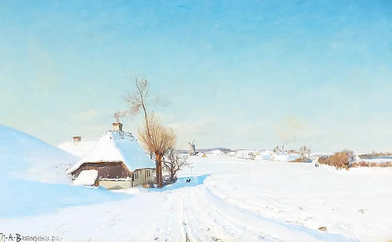 A Sunny Winter Day with Houses, a Mill, and Characters - H. A. Brendekilde