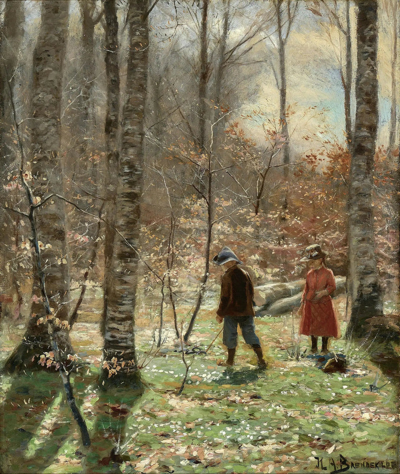 A Spring Day in the Forest with a Boy and a Girl Picking Anemones. - H. A. Brendekilde