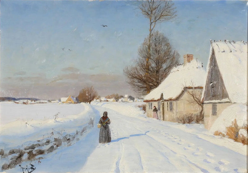 A Winter Day in a Village, Showing People Near Thatched Roof Houses - H. A. Brendekilde