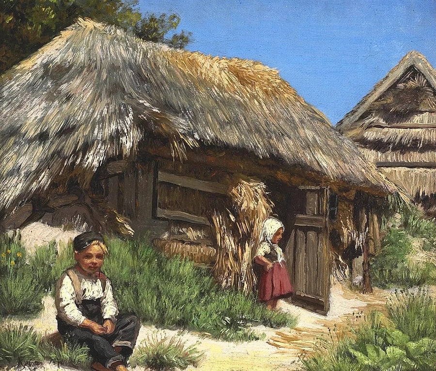 A thatched roof house. Summer day under a blue and warm sky. Organized with two children. - Peder Severin Krøyer