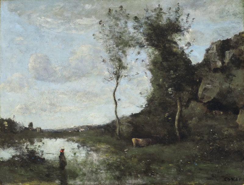 A peasant woman and her cow at the pond overlooking a village - Jean-Baptiste Camille Corot