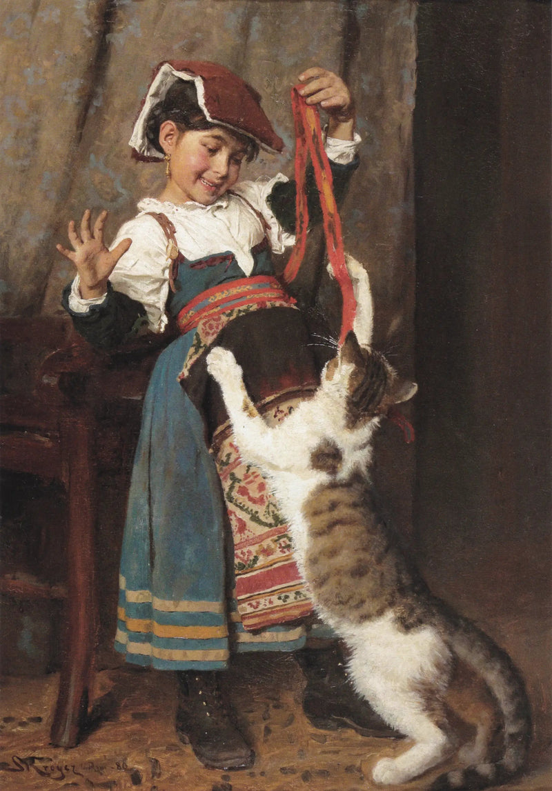 A little girl in peasant dress, playing with a cat. - Peder Severin Krøyer