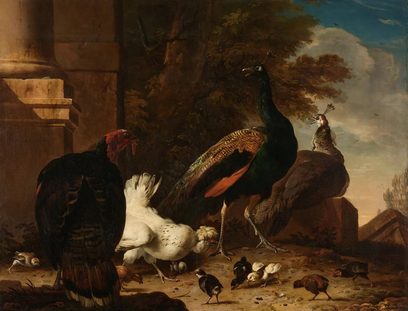 A hen with peacocks and a turkey - Melchior de Hondecoeter