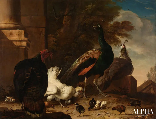 Une poule avec des paons et une dinde, vers 1680 - Melchior d'Hondecoeter - Reproductions de tableaux et peintures haut de gamme