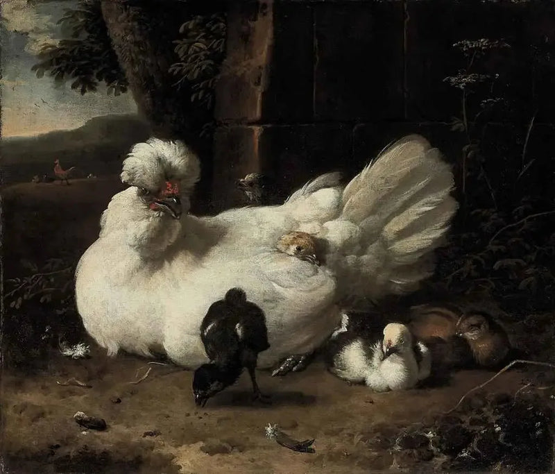 A hen with chicks in a landscape - Melchior de Hondecoeter