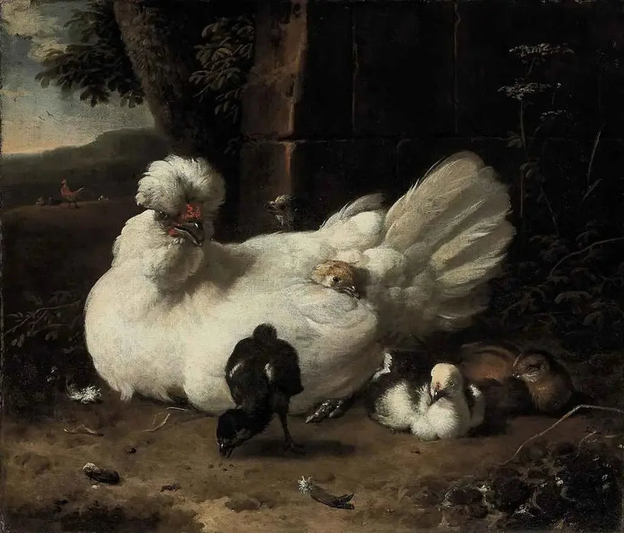 A hen with chicks in a landscape - Melchior de Hondecoeter