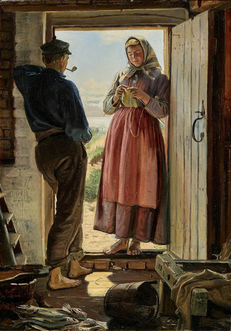 A proposition. A young fisherman and a young woman are knitting in a doorway. - Michael Peter Ancher