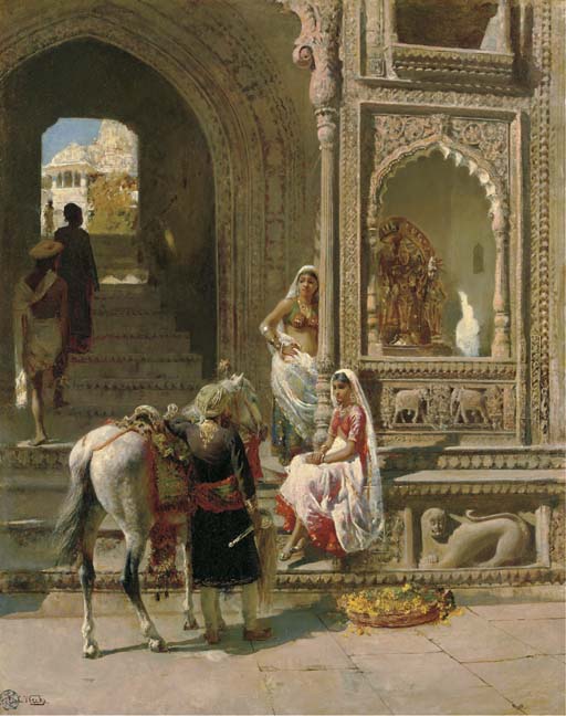 A meeting at the entrance of a temple in Mathura - Edwin Lord Weeks