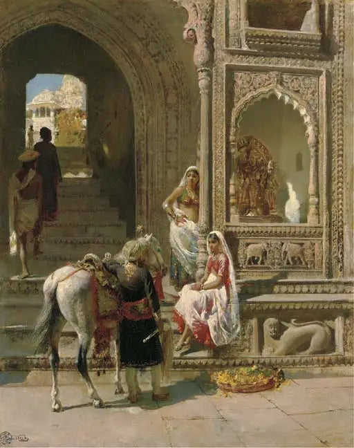 A meeting at the entrance of a temple in Mathura - Edwin Lord Weeks