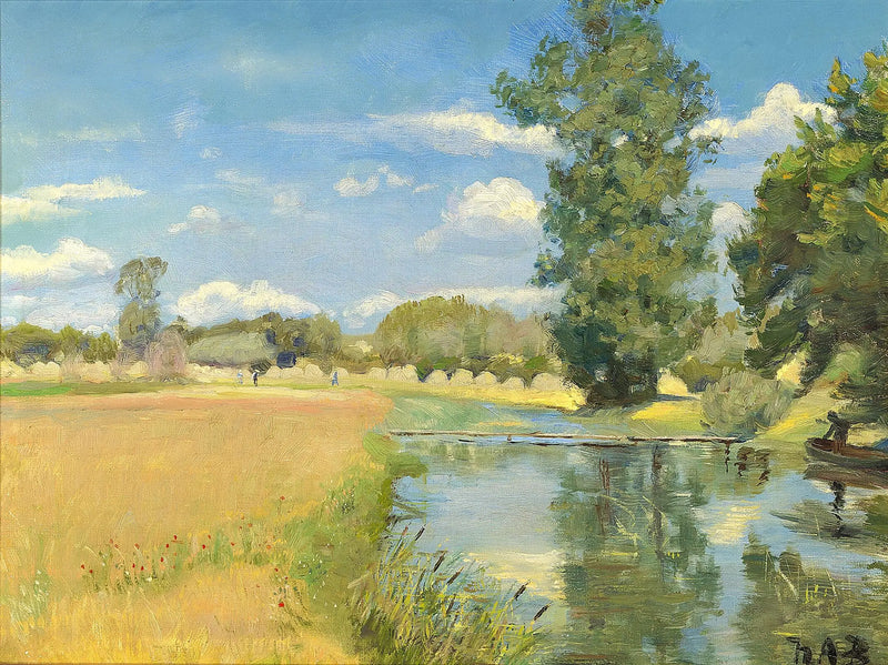 A river crossing a landscape during harvest time. - H. A. Brendekilde