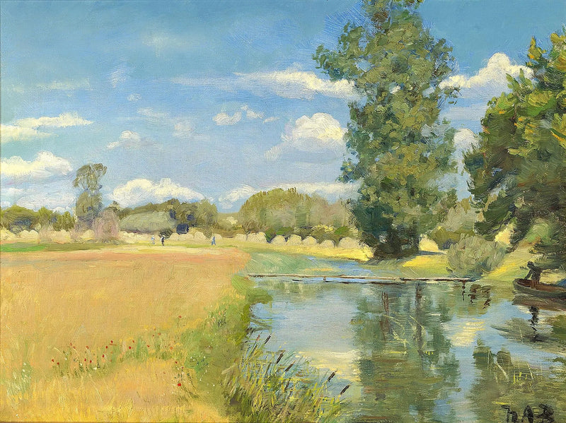 A river crossing a landscape during harvest time. - H. A. Brendekilde