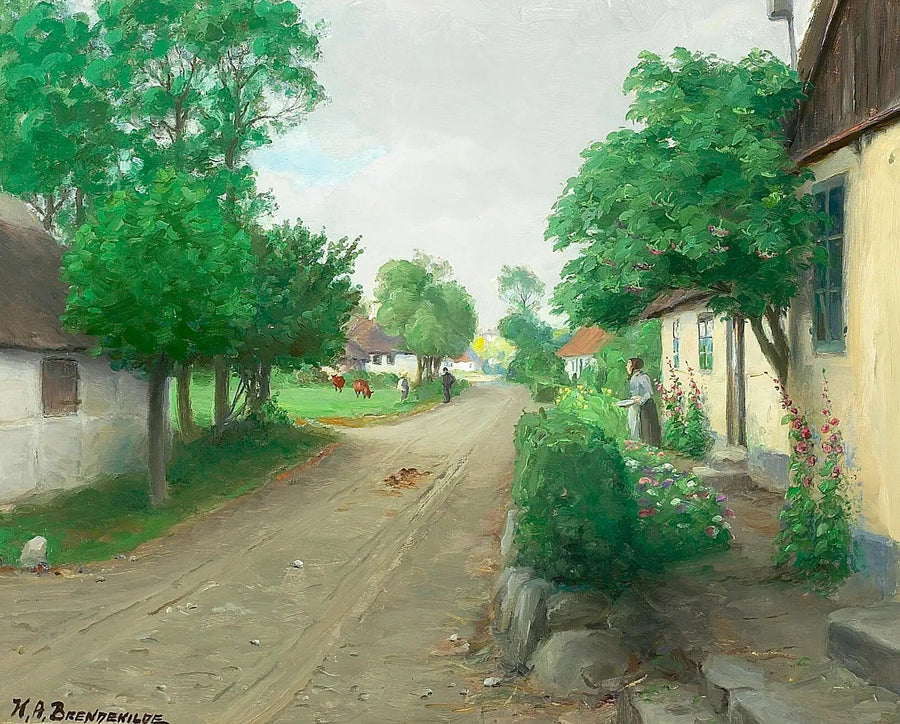 A village road with people, cows, and flowering hollyhocks. - H. A. Brendekilde