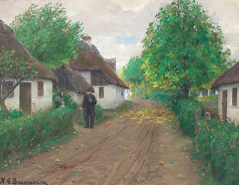 A village road with two people talking. - H. A. Brendekilde