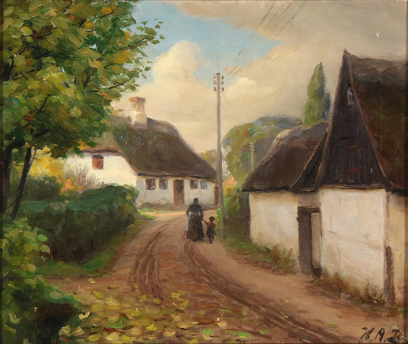 A village road with a woman and a child walking hand in hand - H. A. Brendekilde