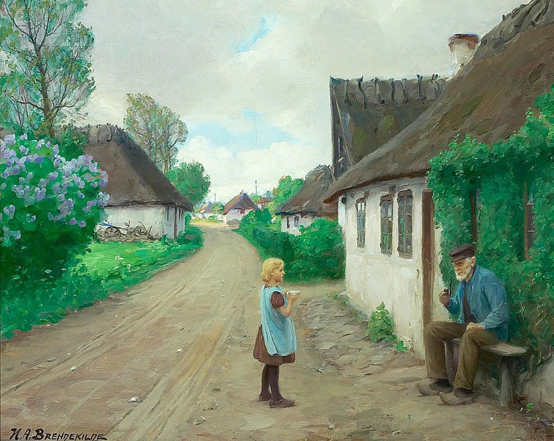 A village road with a young girl talking to the old Jens Wilhelm from Jyllinge, aged 93. - H. A. Brendekilde