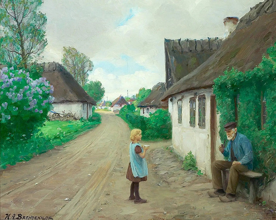 A village road with a young girl talking to the old Jens Wilhelm from Jyllinge, aged 93. - H. A. Brendekilde