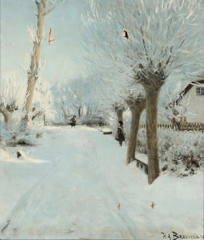 A sunny and snowy road with two children. - H. A. Brendekilde